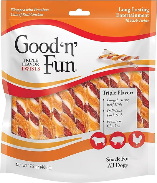 Good'n'Fun Triple Flavor Twists, Dog Chew Sticks, Premium Chicken and Beef Hide Treats for Dogs, 70 Count