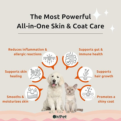 7-in-1 Skin & Coat Probiotics Powder for Dogs & Cats - 7 Billion CFUs, Omega-3 Fish Oil, Zinc, Eggshell Membrane, Softshell Turtle Egg Powder, Prebiotics, Dietary Fiber | 30 Packets