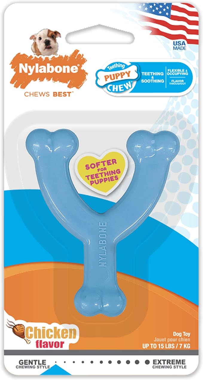 Nylabone Puppy Wishbone Chew Toy - Puppy Chew Toy for Teething - Puppy Supplies - Blue, Chicken Flavor, X-Small/Petite (1 Count)