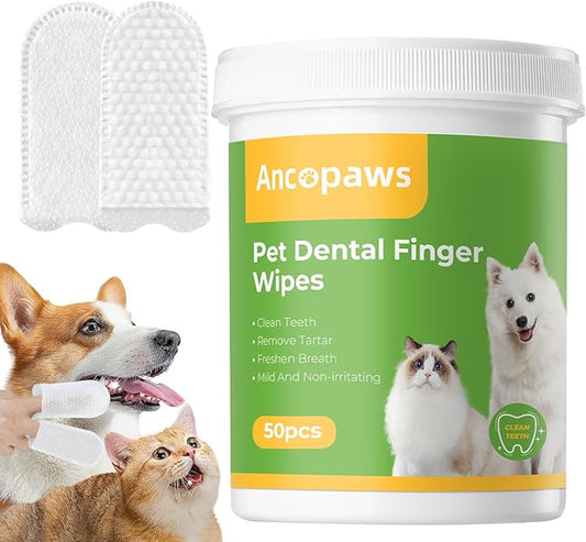 Teeth Cleaning for Dogs & Cats - Dental Care Finger Wipes to Remove Bad Breath - Pet Toothbrush Plaque and Tartar Remover - Tooth Brushing Kit (50 Count)