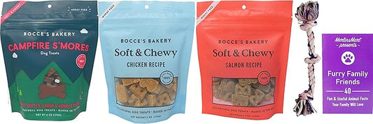 Bocce's Bakery Soft & Chewy Dog Treats 3 Flavor Variety - (1) Each: Salmon, Chicken, Campfire S'Mores - (6 Ounces) - Plus Rope Toy and Fun Animal Facts Booklet Bundle