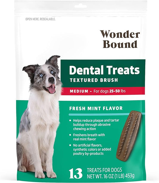 Amazon Brand - Wonder Bound Dog Dental Treats for Medium Dogs (25-50 lbs), Fresh Mint Flavor, Made with Real Chicken, Nubbed Texture for Plaque & Tartar Control, Freshens Breath While Chewing 13 Count