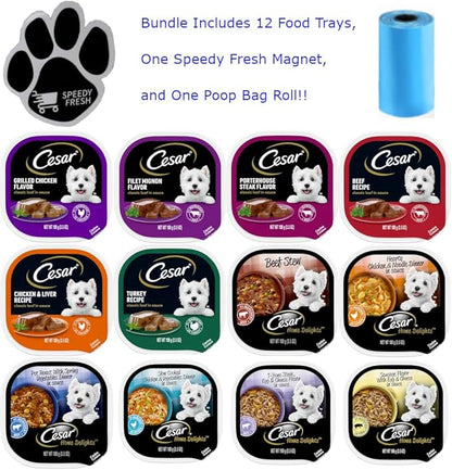 Cesar Soft Wet Dog Food Bundle with 12 Flavors 3.5 oz (1 Unit Each Flavor). Total of 12 Pieces with Magnet and Roll of Poop Bags!!!!