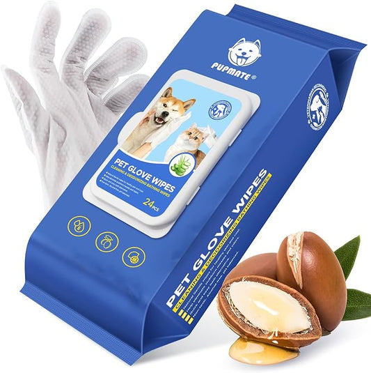 Pet Cleaning glove wipes for Dogs & Cats, Hypoallergenic Deodorizing Disposable No-Rinse Grooming Wipes, Extra Thick Bathing Wipes,Perfect for Pet Dry Cleaning,Daily Care and Travel,24 pcs