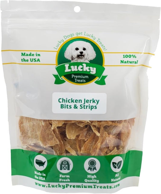 Lucky Premium Treats Chicken Jerky Bits and Strips – Chicken Jerky Treats Made with Sliced, All Natural Lean Dehydrated Chicken Breast (13 oz)