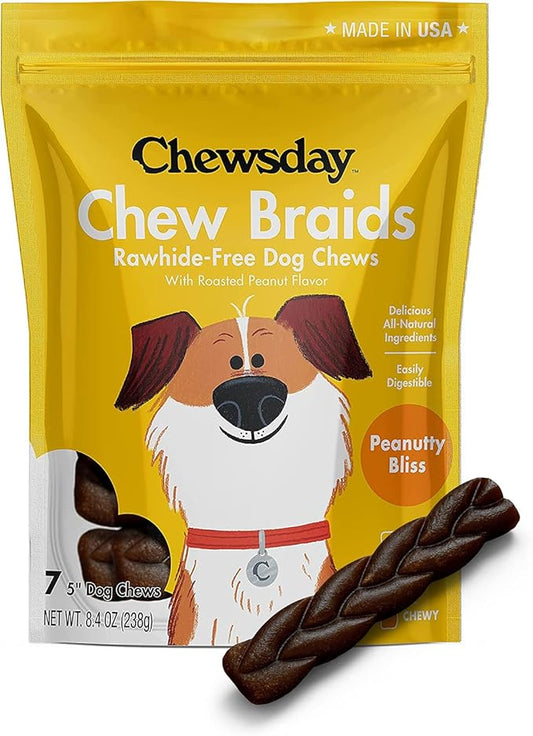 5-Inch Dog Chew Braids, Made in The USA, All Natural Rawhide-Free Highly-Digestible Treats, Peanutty Bliss - 7 Count