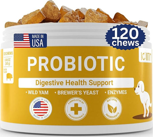Probiotics for Dogs - 120 Chews - Made in USA - All Natural - Dog Supplement for Gut & Digestive Health, Immune Support - Prebiotics, Fiber, Enzymes for Gut Flora - Diarrhea & Bowel Support
