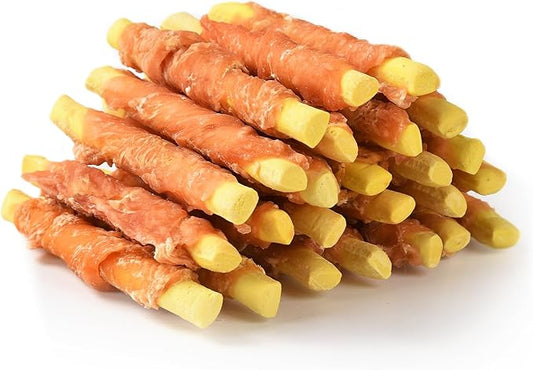 ASMPET Dog Treats Chicken Jerky Wrapped Pumpkin Biscuits Stick, Soft Chewy Rawhide Free Dog Treats High Protein Rich Fiber, Real Chicken Wrap Training for Small Medium Large Dogs, 10.6oz