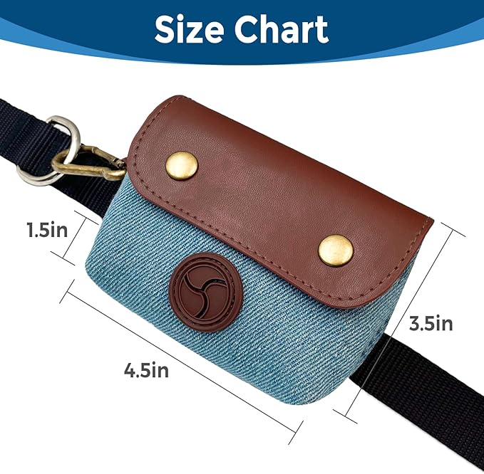 Dog Poop Bag Holder, Portable Dog Poop Bag Dispenser with 1 Metal Clip, Jeans & PU Leather Poop Pag Polders for Leashes