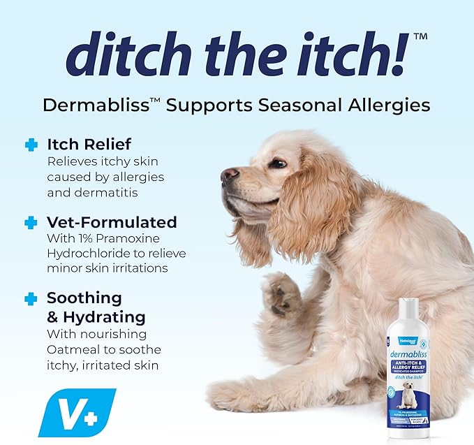 Vetnique Labs Dermabliss Dog Allergy and Itch Relief, Skin and Coat Health Supplements and Grooming Supplies with Omega 3-6-9, Biotin - Ditch The Itch (Itch Relief, 16oz Shampoo)
