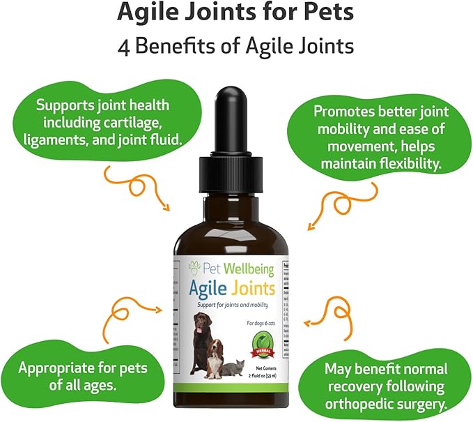 Pet Wellbeing Agile Joints for Dogs - Vet-Formulated - Joint Health, Mobility, Ease of Movement - Natural Herbal Supplement 2 oz (59 ml)