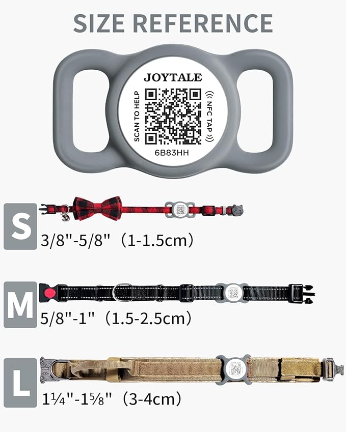 Joytale [ NO APP Required ] Silent Silicone QR Code Dog Tag, Slide On Dog Tags for 1 Inch Wide Collars or Vest, NFC Pet Online Profile, Scan QR to Send Location Alert Email, Gray, M
