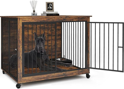 44 Inch Large Wooden Dog Crate Furniture with 180° Rotatable Bowl, Brown Multi-Functional Dog Crate End Table with Wheels, Furniture Dog Crate for Large Dogs with Flip-up Top Opening