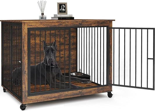 44 Inch Large Wooden Dog Crate Furniture with 180° Rotatable Bowl, Brown Multi-Functional Dog Crate End Table with Wheels, Furniture Dog Crate for Large Dogs with Flip-up Top Opening