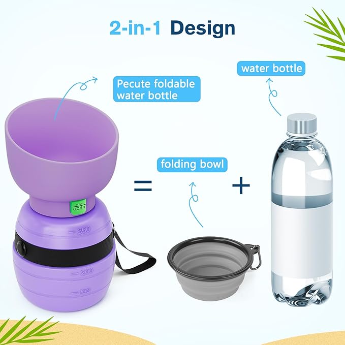 Pecute Portable Dog Water Bottle, 2 in 1 Cat Dog Travel Water Bottle Bowl Leakproof with Double Seal, BPA Free, Lightweight, Pet Small Animal Water Bottel Dispenser for Outdoor Walking Hiking Travels