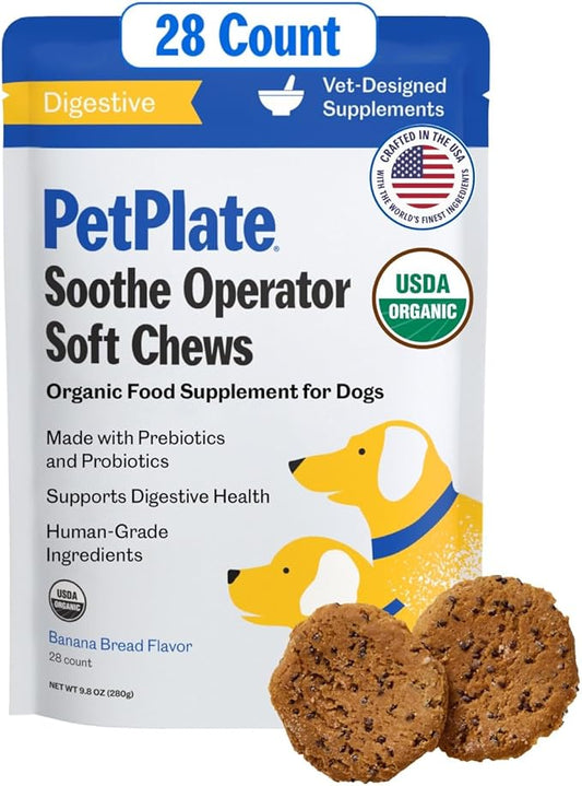 PetPlate Digestive Soft Chews for Dogs, Made with Prebiotics & Probiotics, USDA Organic Supplement, Grain-Free, Human-Grade, Pet Supplies, (Pack of 1, 9.8 Ounce)