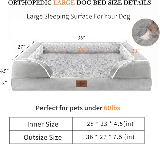Large Dog Beds Orthopedic Foam, Waterproof Dog Beds for Large Dogs Sofa Comfy Pet Bed with Washable Removable Cover & Non-Slip Bottom(Large,Grey White)