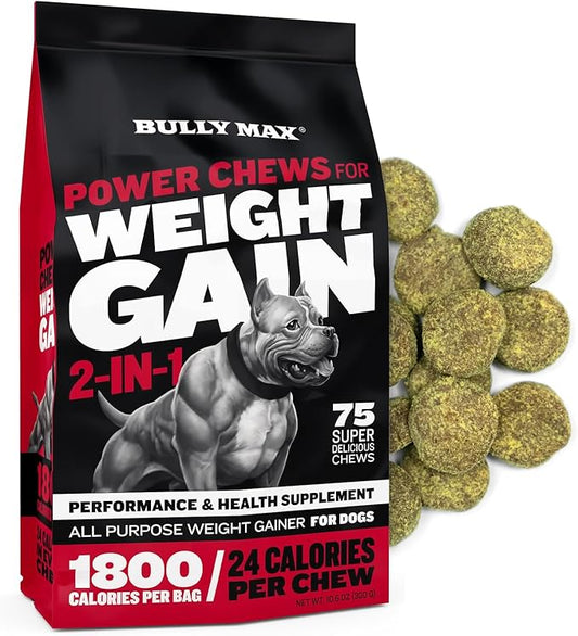 Bully Max Dog Weight Gainer Soft Chews for Puppies and Adults - High Calorie Dog Food Performance Supplement for Healthy Weight Gain, Immunity & Digestion - 75 Chews for All Breeds & Ages - 300g Pack