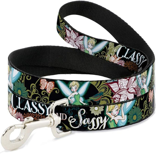 Buckle-Down Pet Leash - Tinker Bell Floral Collage CLASSY AND SASSY - 6 Feet Long - 1" Wide
