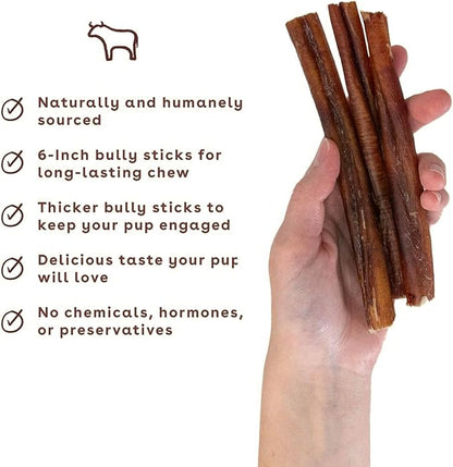 Pupford Thick Bully Sticks for Dogs & Puppies, Smoked for Improved Smell, Natural, Long-Lasting, Single Ingredient Chews for Small & Medium Breeds (6", 10 Count)