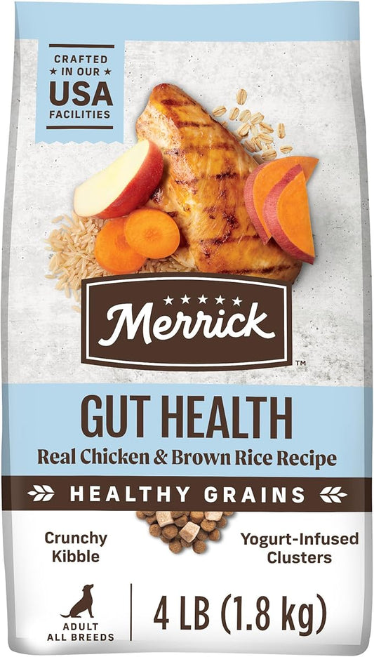 Merrick Gut Health Recipe, Healthy Grains Natural Chicken and Rice Dry Dog Food with Yogurt-Infused Clusters - 4 lb. Bag
