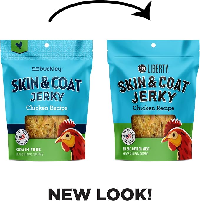 BIXBI Liberty Skin & Coat Support Chicken Jerky Dog Treats 5 oz - USA Made, Grain Free, Antioxidant Rich to Support Shiny, Full Bodied Coats
