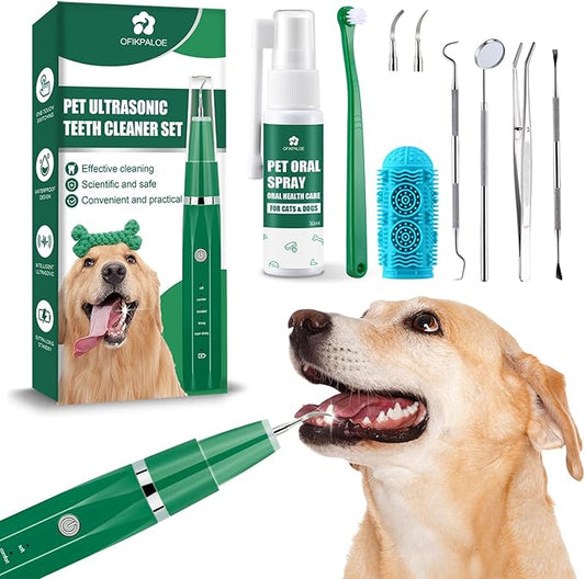 Dog Teeth Cleaning Kit, Ultrasonic Tooth Cleaner for Dogs, Smart Power Off, Kit includes Pet Oral Spray. Dog Tartar Remover for Teeth, Remove Pet Dental Plaque Easily at Home. (dark green)