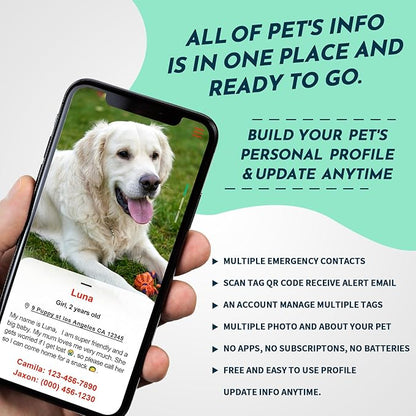 MYLUCKYTAG Stainless Steel QR Code Pet ID Tags Dog Tags - Pet Online Profile - Scan QR Receive Instant Pet Location Alert Email