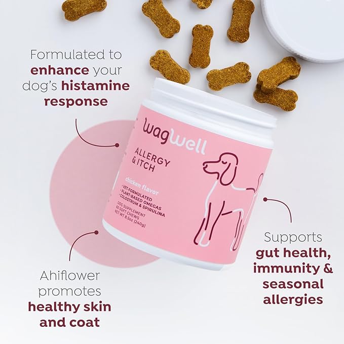 Allergy and Itch Chews – Chicken Flavored Dog Allergy Chews – Plant Based Dog Chews with Colostrum and Spirulina – Dog Skin and Coat Supplement for Itch Relief and Digestive Health, 60 Chews