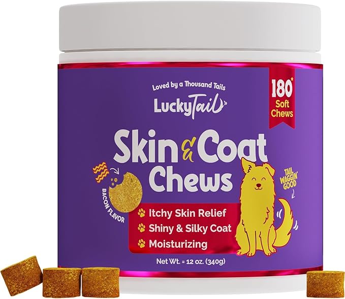 LuckyTail Wild Alaskan Salmon Oil for Dogs Skin and Coat Chew - Biotin, Flaxseed Oil, Coconut Oil for Dogs - Omega 3, 6, 9 for Dogs - Zinc Supplements for Dogs - 180 Soft Chews