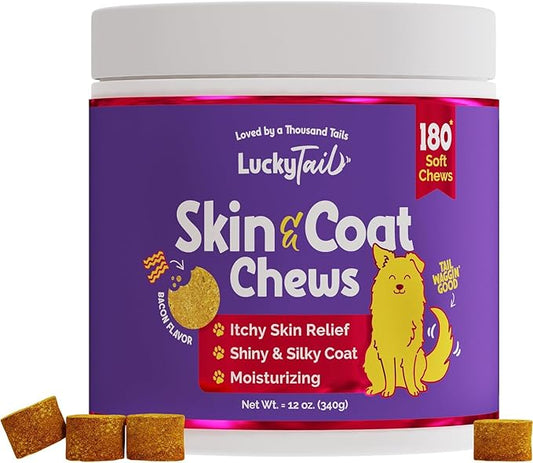 LuckyTail Wild Alaskan Salmon Oil for Dogs Skin and Coat Chew - Biotin, Flaxseed Oil, Coconut Oil for Dogs - Omega 3, 6, 9 for Dogs - Zinc Supplements for Dogs - 180 Soft Chews