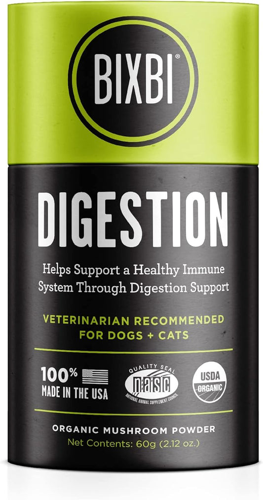 BIXBI Dog & Cat Clean Digestion Support, 2.12 oz (60 g) - All Natural Organic Pet Superfood - Daily Mushroom Powder Supplement - USA Grown & USA Made - Veterinarian Recommended for Dogs & Cats