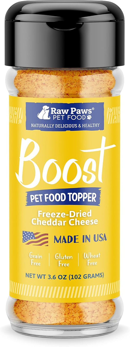Raw Paws Boost Pet Food Topper Freeze-Dried Cheese, 3.6-oz - Made in USA - Dog Food Toppers for Picky Eaters - Dog Cheese Treats Dog Food Seasoning - Dog Meal Toppers for Dogs, Kibble Toppers for Dogs