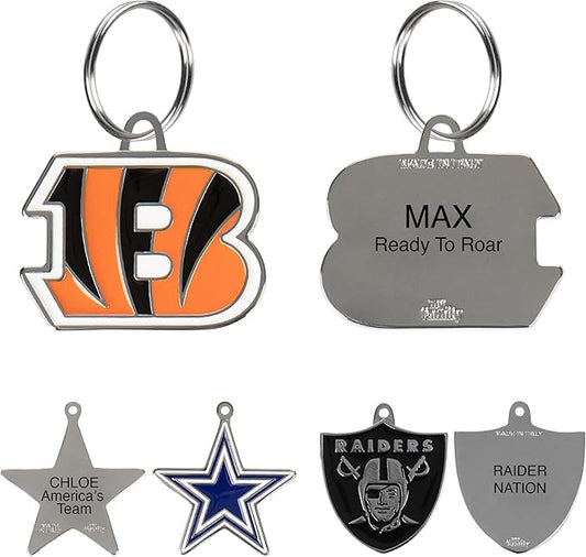 NFL Cincinnati Bengals Engraving Pet ID Tags in 32 Team Logo Shapes Personalized Dog Tags and Cat Tags with 3 Lines of Customizable Text for Tracking & Safety. Stainless Steel Pet ID Tracking Tags