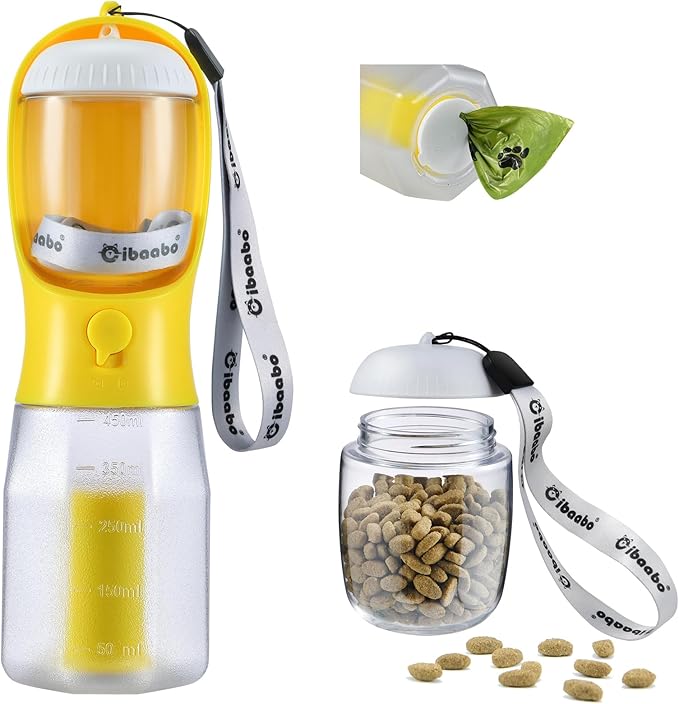 Dog Water Bottle with Food Container & Poop Bag Holder, Travel Water Bowl, Portable Pet Dispenser, Dog Stuff Accessories Items, Puppy Essentials Necessities for Yorkie Chihuahua Walking Hiking