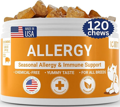 Allergy Relief for Dogs - 120 Chews - Seasonal Allergy, Immune Support, Skin and Coat Health - All Natural, Made in USA