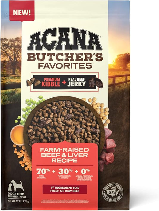 ACANA Butcher's Favorites Dry Dog Food, Farm-Raised Beef & Liver Recipe, Dry Kibble and Beef Jerky Pieces, 17lb