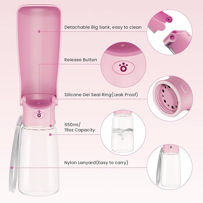 Portable Dog Water Bottle Dispenser [Leak Proof & Foldable] Dog Travel Water Bottle Bowl Accessories for Small Medium Large Dogs Pet Water Bottles for Dogs Walking Outdoor Hiking Travel 19OZ