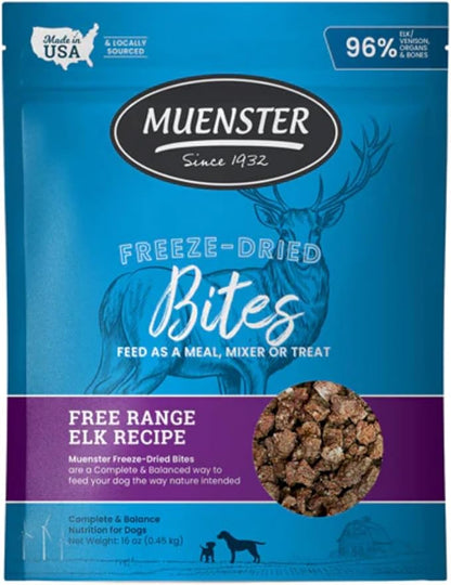 Muenster Freeze Dried Dog Food Topper Bites (16oz) - Farmhaus Elk Freeze Dried Raw Dog Food w/Organic Minerals - Elk & Organ Meats Meal Toppers for Dogs - Freeze Dried Dog Treats for Training