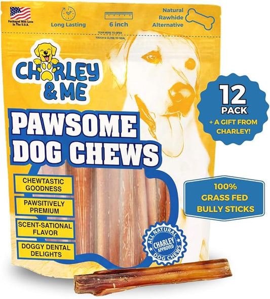 CHARLEY & ME Premium Bully Sticks for Dogs - 100% Natural Beef Dog Treats, Long-Lasting Dog Chew for Aggressive Chewers, Nutritious Joint Support for Dogs 6 Inches (Pack of 12)