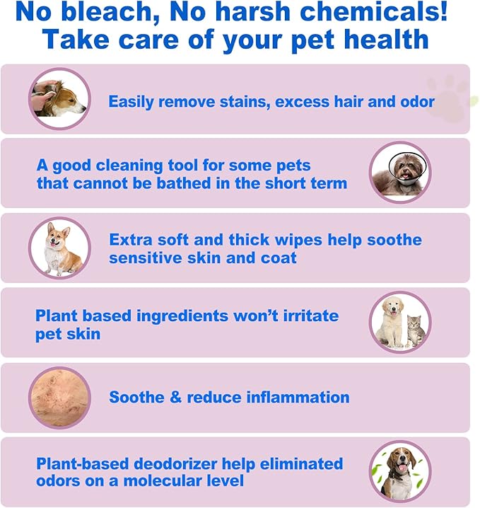 DR.EASY Pet Wipes for Dogs and Cats, Cleans Ears, Face, Butt, Body and Eye Area – Convenient, Ideal for Home or Travel (Lavender-4)