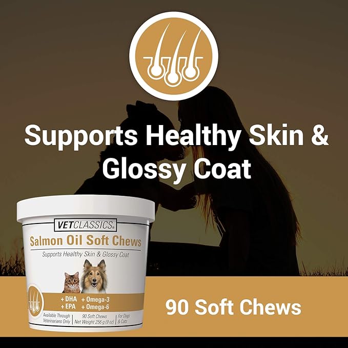 Vet Classics Salmon Oil Pet Supplement for Healthy Skin, Glossy Coats – Dog Coat Supplement, Cat Skin Supplement – Includes Omega-3, 6, 9, Source of DHA, EPA – Soft Chews 90 Ct.