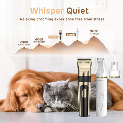 Dog Hair Clippers for Grooming Kit and Dog Paw Trimmer for Grooming, Low Noise Rechargeable Cordless, Shaver Grooming Supplies for Pet Cats Dogs (Gold, White)