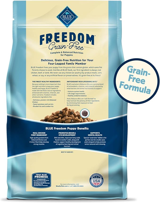 Blue Buffalo Freedom Grain-Free Puppy Dry Dog Food with DHA, Complete & Balanced Nutrition for Puppies, Made in the USA, Chicken & Potatoes, 24-lb. Bag