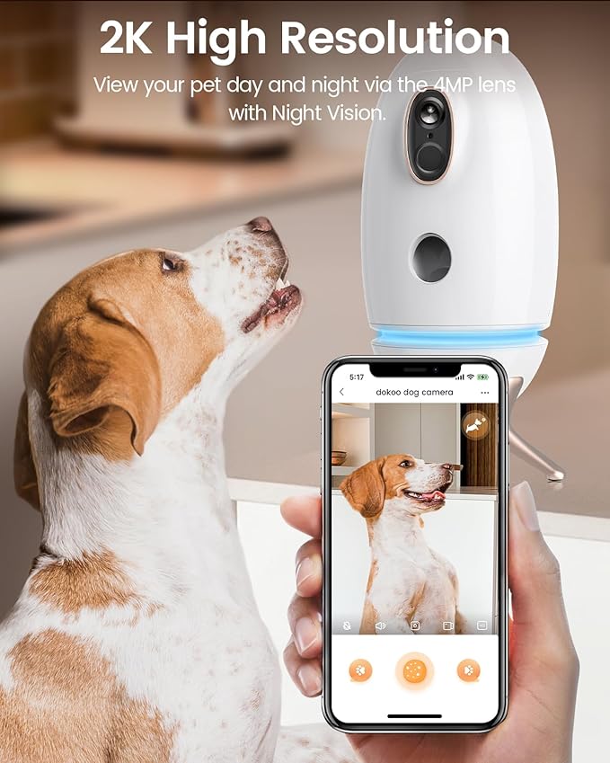 Dog Camera Treat Dispenser, 330° View Dog Cam Pet Security Camera, 2K/4MP HD with Night Vision, Support 2.4GHz Wi-Fi, 2-Way Audio, Indicator Light, Free Cloud Storage, No Monthly Fee