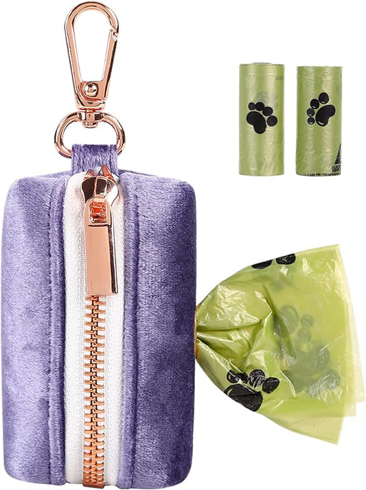 ARING PET Dog Waste Bag Dispenser, Velvet Doggy Poop Bags Holders Attach to Any Leashes, Purple Portable Washable Pet Waste Pouch Dispenser with Metal Zipper