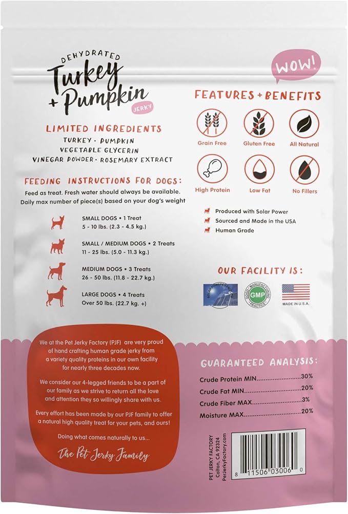Premium Turkey & Pumpkin 5 oz. Dog Jerky Treats | 100% Human Grade | USA Made | High Protein | Grain Free | Limited Ingredients | No Filler | BHA-BHT Free | Soft-Tender