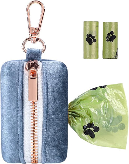 ARING PET Velvet Dog Waste Bag Dispenser, Cute Blue Doggy Poop Bags Holders Attach to Any Leashes, Portable Washable Pet Waste Pouch Dispenser with Metal Zipper