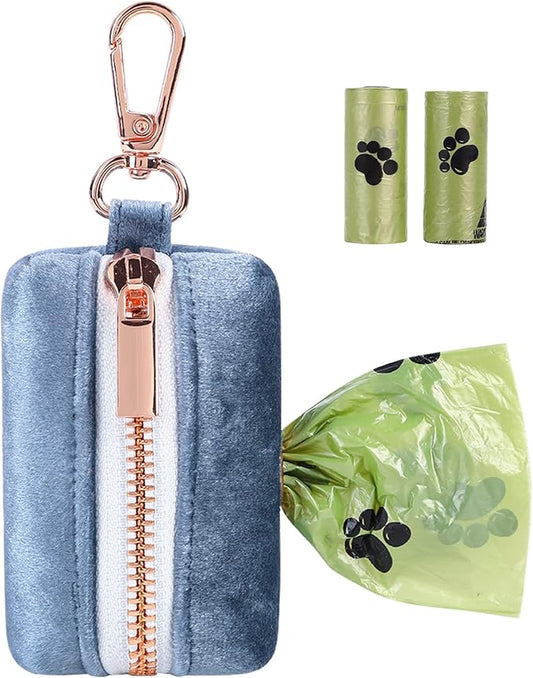 ARING PET Velvet Dog Waste Bag Dispenser, Cute Blue Doggy Poop Bags Holders Attach to Any Leashes, Portable Washable Pet Waste Pouch Dispenser with Metal Zipper
