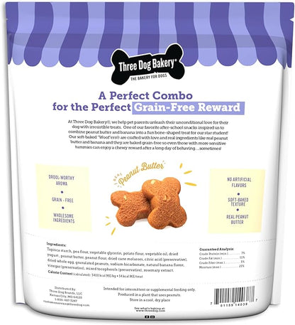 Three Dog Bakery Grain Free Soft Baked Woofers, Peanut Butter & Banana Flavor, Premium Treats for Dogs, 36 Ounce Bulk Resealable Pack (114038)